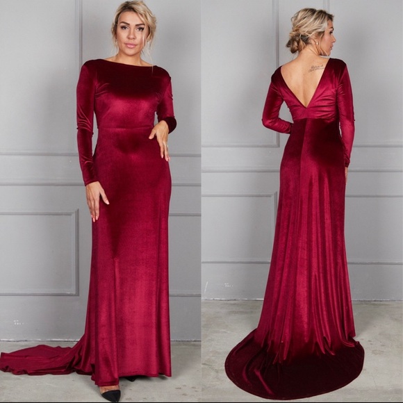 Emerald Green Velvet Dress with Train, Deep Back Velvet Dress - Picture 1 of 8